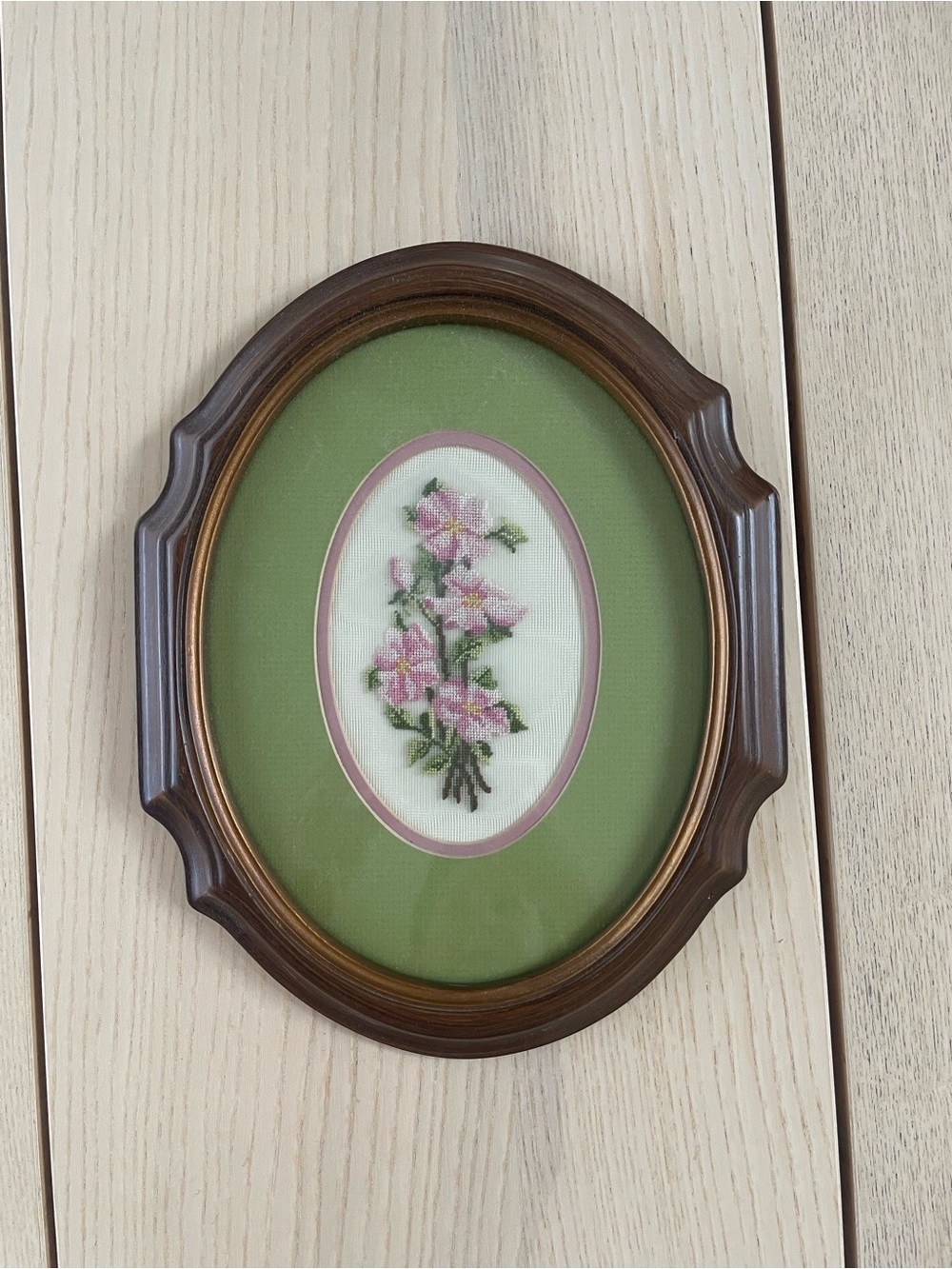 Vintage Oval Framed Pink Floral Cross-Stitch Wall Art vintage decor